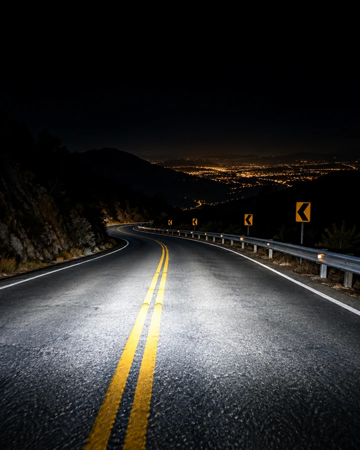 Carretera curva iluminada con luz blanca por la noche